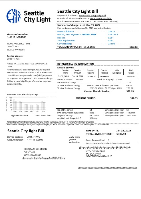 USA Washington Seattle City Light business utility bill template in Word and PDF formats